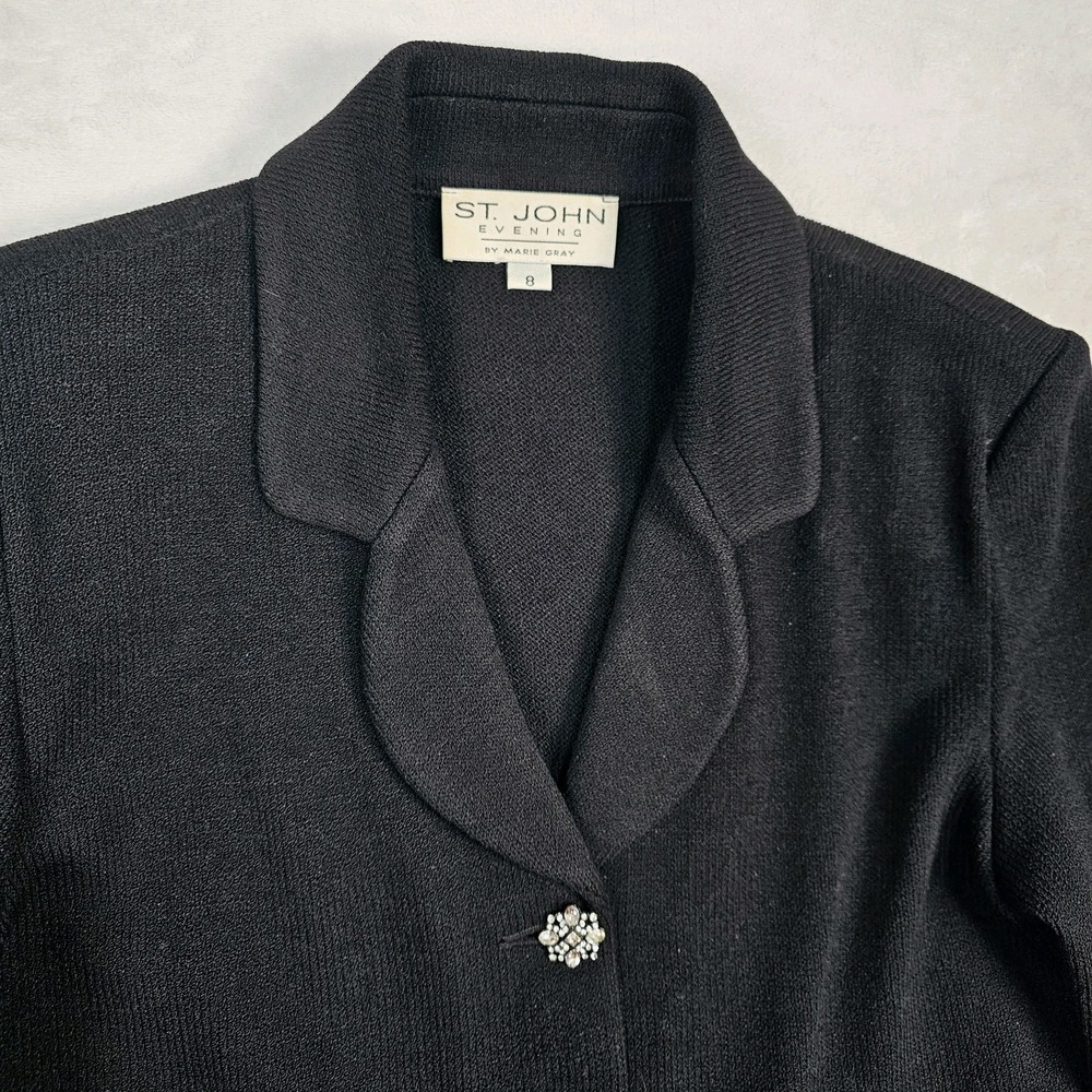 St John Evening Marie Gray Coat Women 8 USA Knit Jackie O Crystal Brooch Buttons
